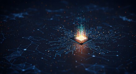 Abstract digital illustration of a glowing central processing unit, surrounded by complex circuitry.