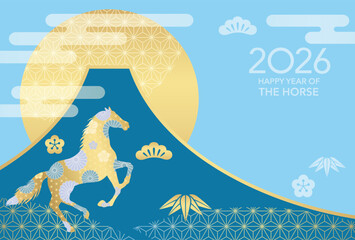 2026, Year Of The Horse, New Year Greeting Card Vector Template With A Horse Symbol, Mt. Fuji, And The Rising Sun Decorated With Vintage Japanese Patterns.