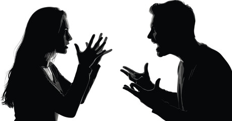 Silhouette of angry couple arguing, man and woman shouting during conflict, relationship stress, communication breakdown, emotional tension, isolated on white vector illustration.