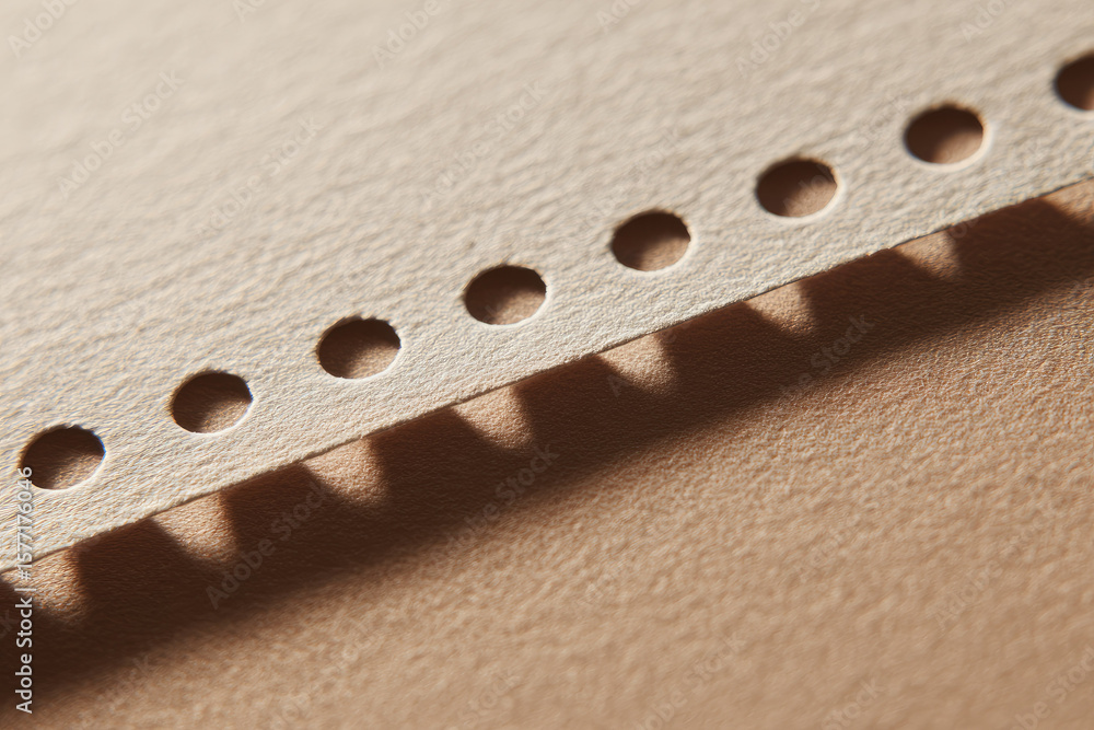 Aufkleber close up flat lay of thin blank paper edge with perforated holes casting soft shadows on textured be
