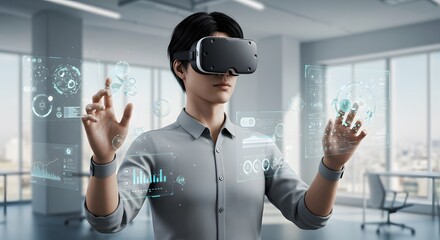 A person wearing VR headset interacting with virtual interface elements.