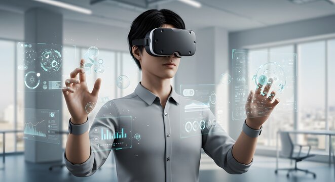 A person wearing VR headset interacting with virtual interface elements.