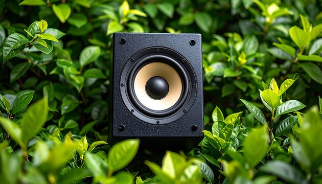 Black Speaker in Lush Green Foliage  Home Audio with Sound System, Nature, and Outdoors.