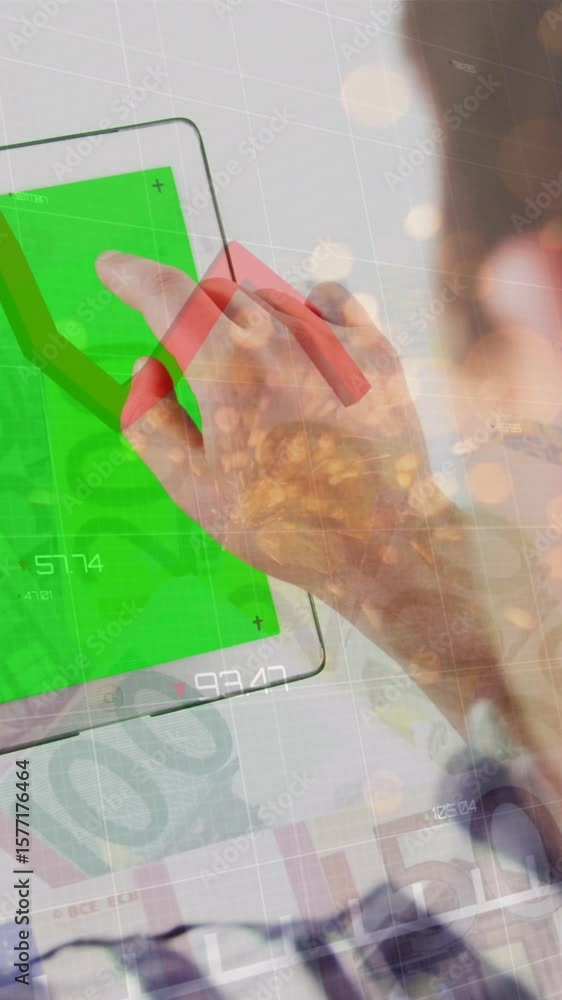 Poster red graph and sparks of light over caucasian man using digital tablet with copy space