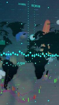 Animation of unk and financial data processing over businesswoman using computer