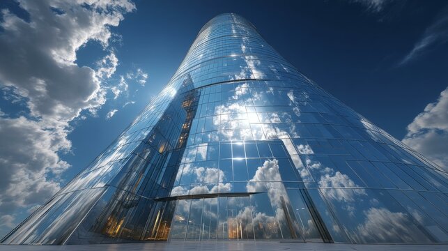 A striking modern skyscraper with a unique pyramidal glass design reflects the bright blue sky filled with fluffy white clouds creating a visually dynamic cityscape.