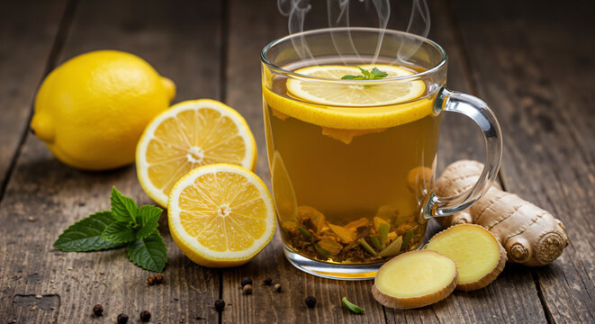 Hot ginger tea with lemon slices and fresh mint on wooden table   - Powered by Adobe