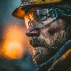 Naklejka premium Close up of a rugged construction worker with safety glasses and hard hat looking determined in the snow with a glowing orange light in the background.
