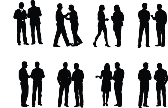 Silhouette of people talking in pairs, business conversation, teamwork interaction, coworker discussion, corporate communication, meeting exchange, informal talk.