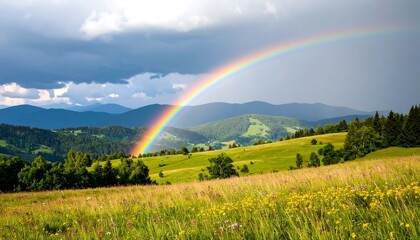 Naklejka premium Breathtaking Rainbow Arches Over Lush Green Meadow and Mountain Scenery.
