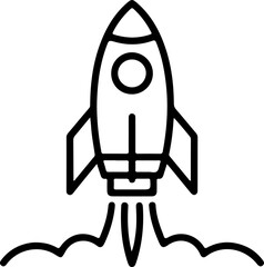 Simple black line art rocket ship launching with smoke and flames against a white background