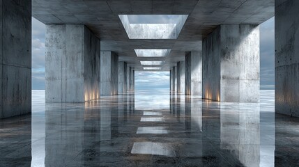 Modern concrete hall windows with large openings and clean design, industrial architecture concept for business, tech, and design