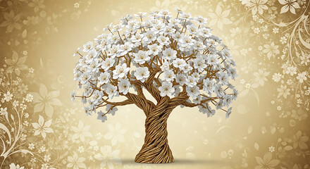 An ornate tree with white blossoms stands against a golden floral background