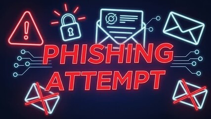 Neon graphic depicting a phishing attempt, warning of email scams and online security threats. - Powered by Adobe