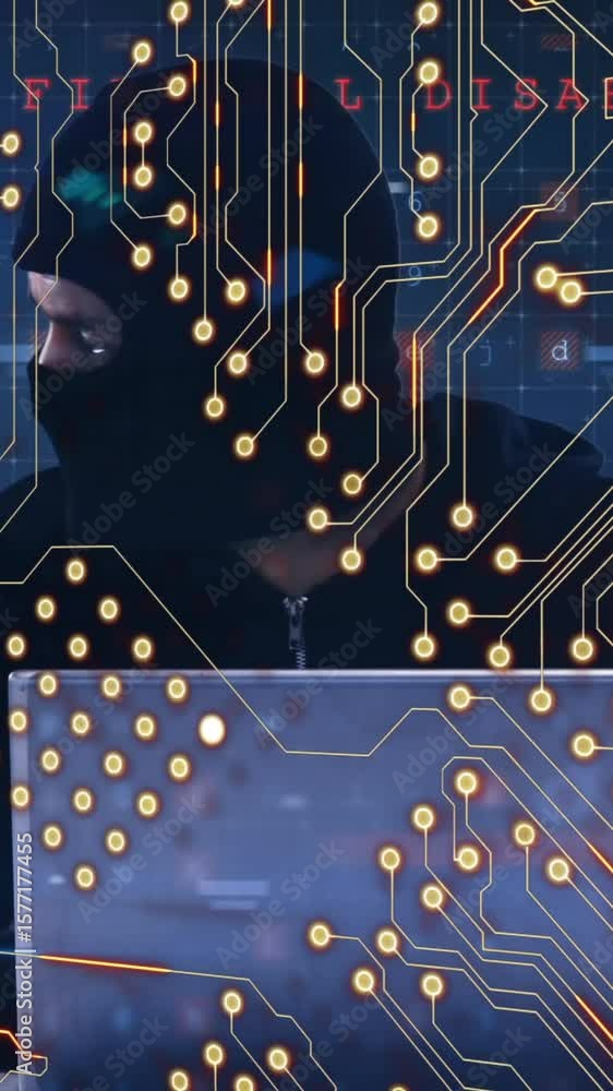 Poster animation of computer circuit board and cyberattack warning over caucasian hacker