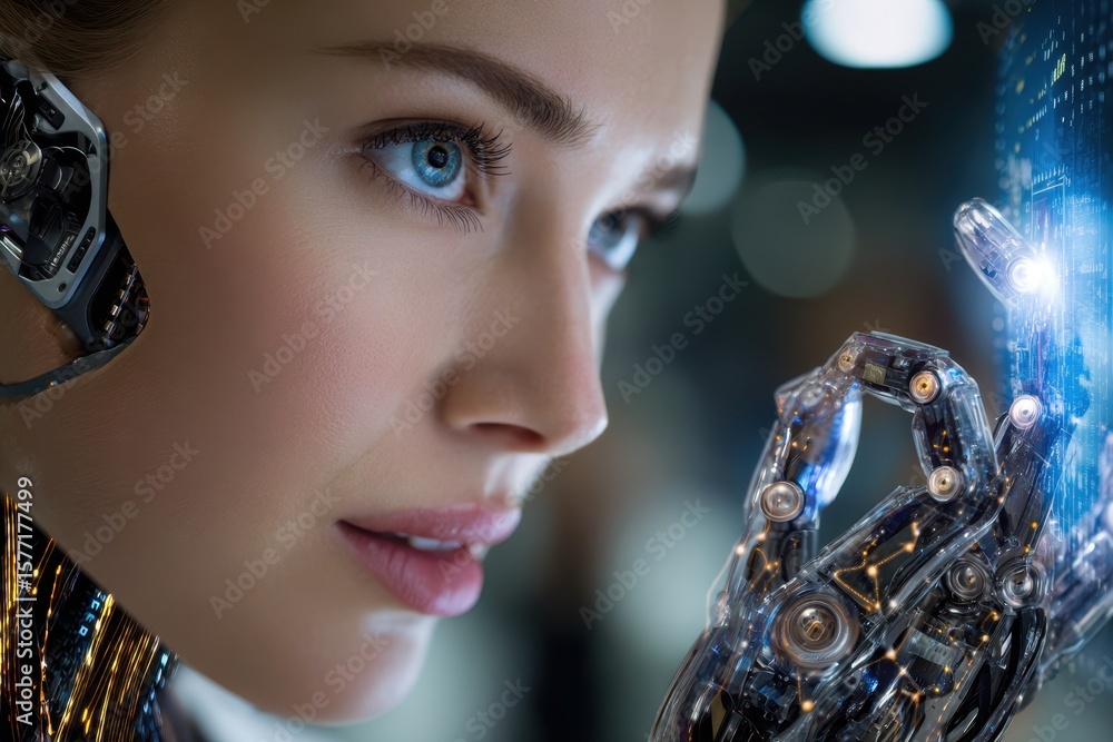 Poster close-up of a humanoid robot interacting with a digital interface in a futuristic setting