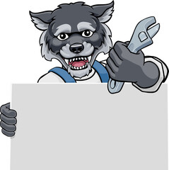 A wolf handyman, mechanic, plumber or other construction cartoon mascot man holding a wrench or spanner tool.