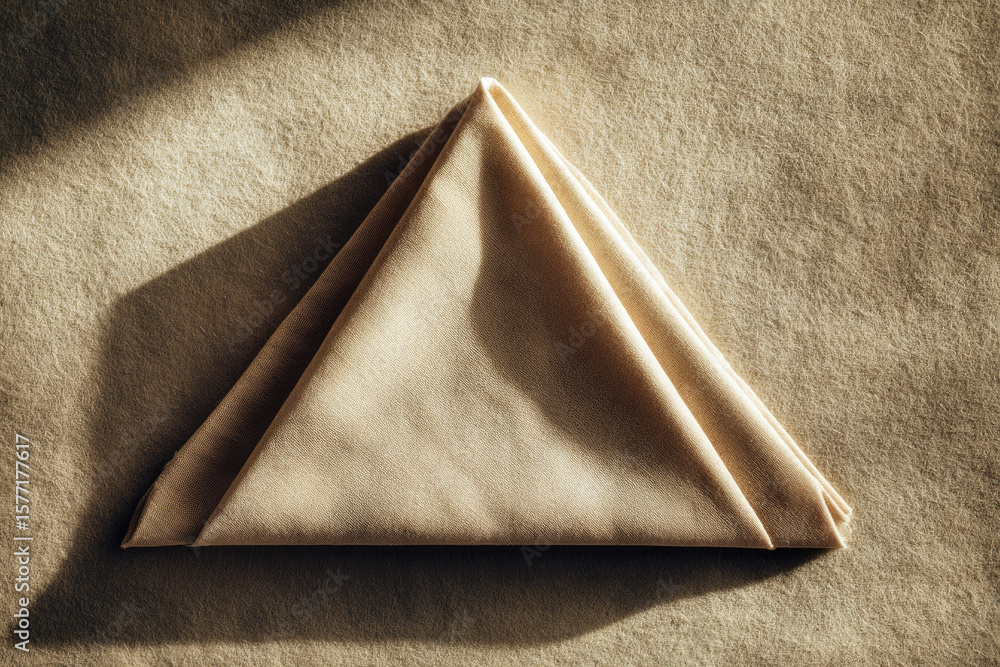 Poster neatly folded linen triangle centered on textured fabric surface, soft natural light creates warm an