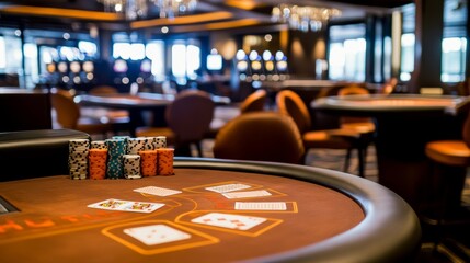 High-end poker game setting, premium chips, cards on the table, low-key luxury environment