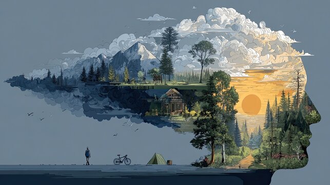 Mental health nature benefits infographic with outdoor icons, wellness poster concept for therapy, lifestyle, and design ads