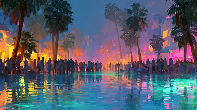 Miami pool party vibes with palm trees, neon lights, and people, vibrant urban nightlife concept for travel, design, ads