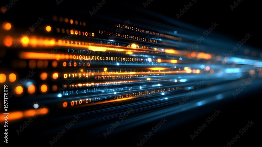 Poster binary data streams with glowing light trails