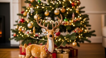 Christmas Reindeer Ornament Near Decorated Tree: Festive Holiday Scene