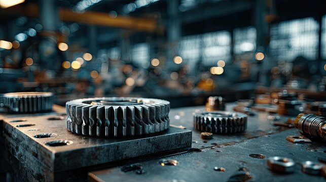 Mechanical equipment workshop closeup with tools and gears, manufacturing engineering concept for industry design ads