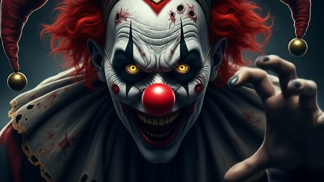 A menacing clown with a sinister expression, close-up view, showcasing a frightening and disturbing character.
