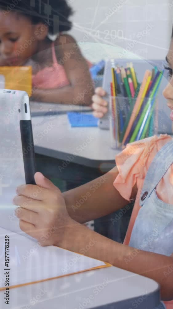 Aufkleber animation of multiracial girl using tablet with students in classroom over globe and graphs