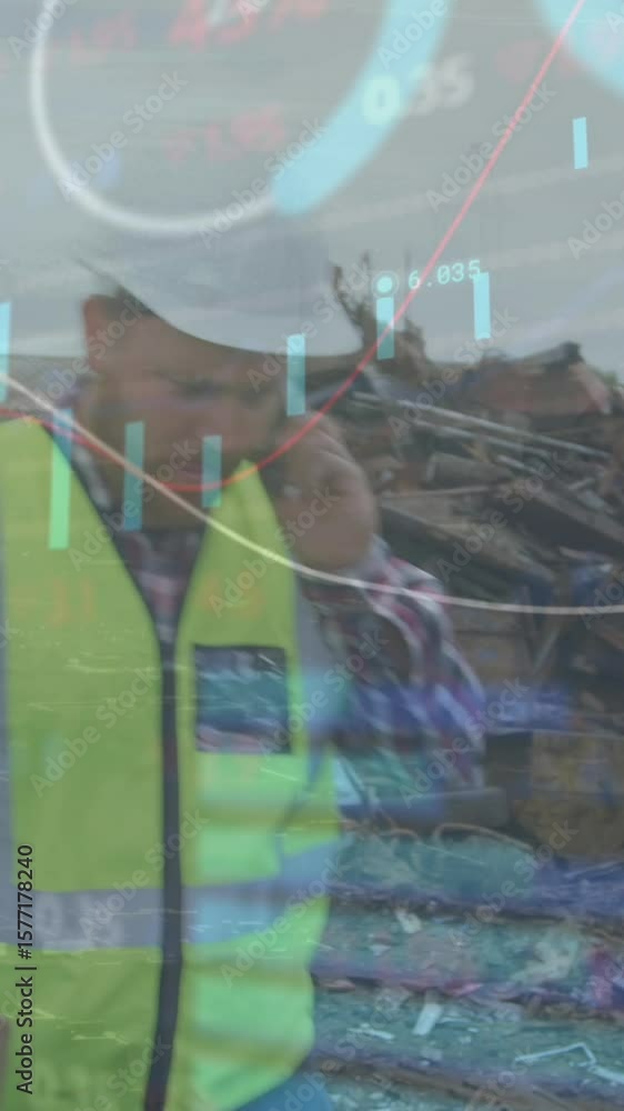 Poster animation of data processing over junkyard worker