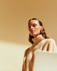 Elegant young woman in turtleneck and glasses working in warm sunlight at modern office