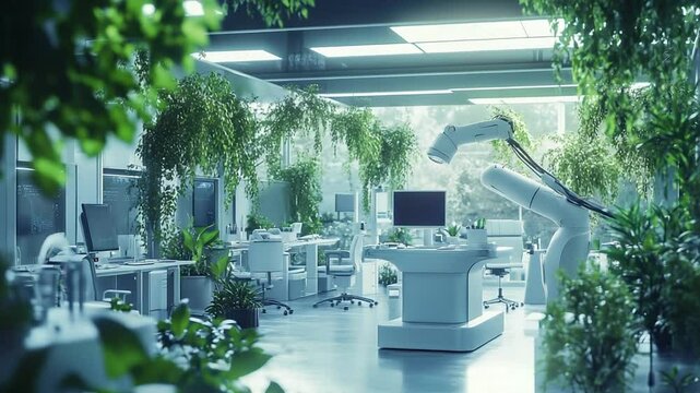 Futuristic Eco-Friendly Office with Robotic Arm and Lush Indoor Plants
