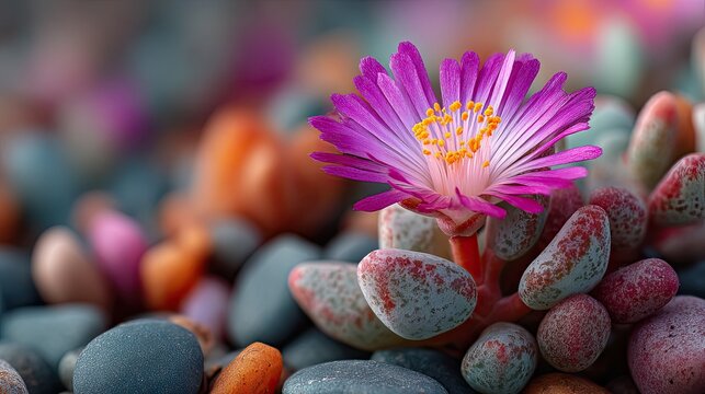 Lithops succulent bloom closeup with vibrant pink flower and stone plant leaves, unique cactus concept for decor, design ads