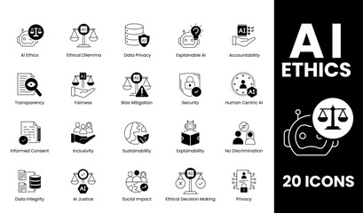 AI Ethics Icon Set – Visual Representation of Core Ethical Principles, Transparency, and Accountability in AI Governance and Responsible Development. Vector illustration. 
