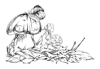 Bolete cep mushroom with snail on top of fallen autumn leaves pile, cloudberry berries twigs. Fungus forest harvest. Illustration hand drawn in vector ink. Seasonal planner stickers, menu cookbook