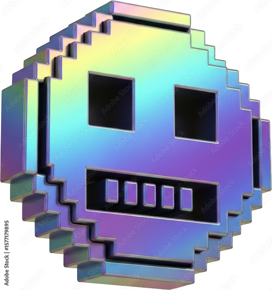 Fototapete Pixelated skull icon with holographic chrome texture 3D rendering Digital