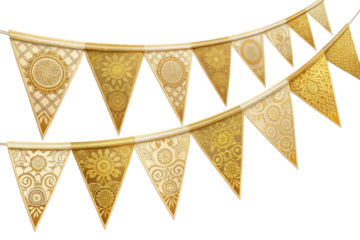 Elegant golden bunting flags with intricate patterns isolated on transparent background