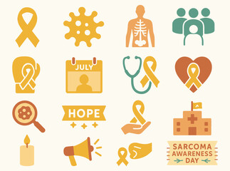 Sarcoma Awareness Day Icon Set with Yellow Ribbons and Medical Symbols