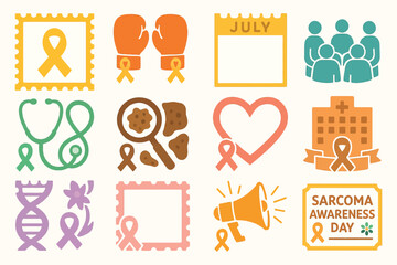 Sarcoma Awareness Day Icon Set with Yellow Ribbons and Medical Symbols