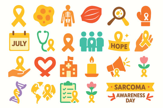 Sarcoma Awareness Day Icon Set with Yellow Ribbons and Medical Symbols - Powered by Adobe