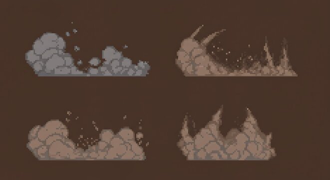 Pixelated game dust effect sprites showcase simulated explosions with an artistic, retro feel for creative projects.