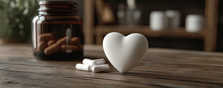 White Heart-shaped Ceramic Ornament with Pills and Medicine Bottle on Wooden Surface