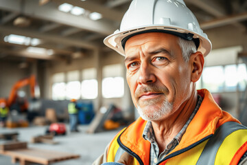 Focused Construction Worker in Industrial Setting