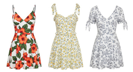 Three different floral summer dresses are displayed sidebyside, showcasing various patterns and styles
