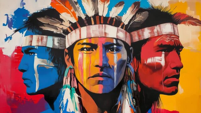Colorful painting depicting native american chiefs wearing traditional headdresses