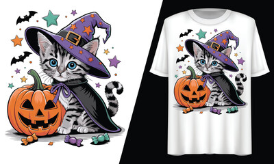 Fototapeta premium Halloween Witch Cat With Pumpkin, T-Shirt Design.