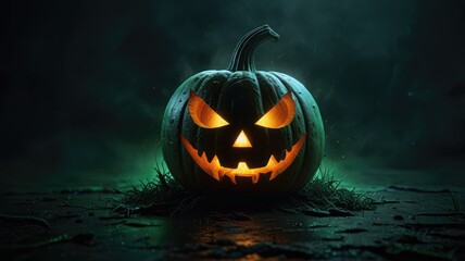 Naklejka premium A glowing jack-o'-lantern with a carved face sits in a dark, eerie environment.