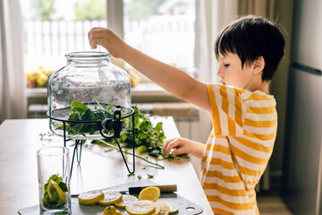Boy making fresh lemonade with mint at home, preparing healthy summer drink in the kitchen