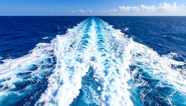 Cruise ship wake creating a beautiful pattern in the deep blue ocean.